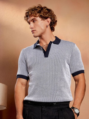 Striped Polo Collar Cotton T-shirt