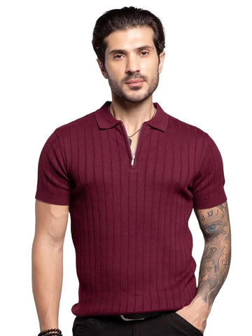 Vertical Rib Half Zip Knit Polo