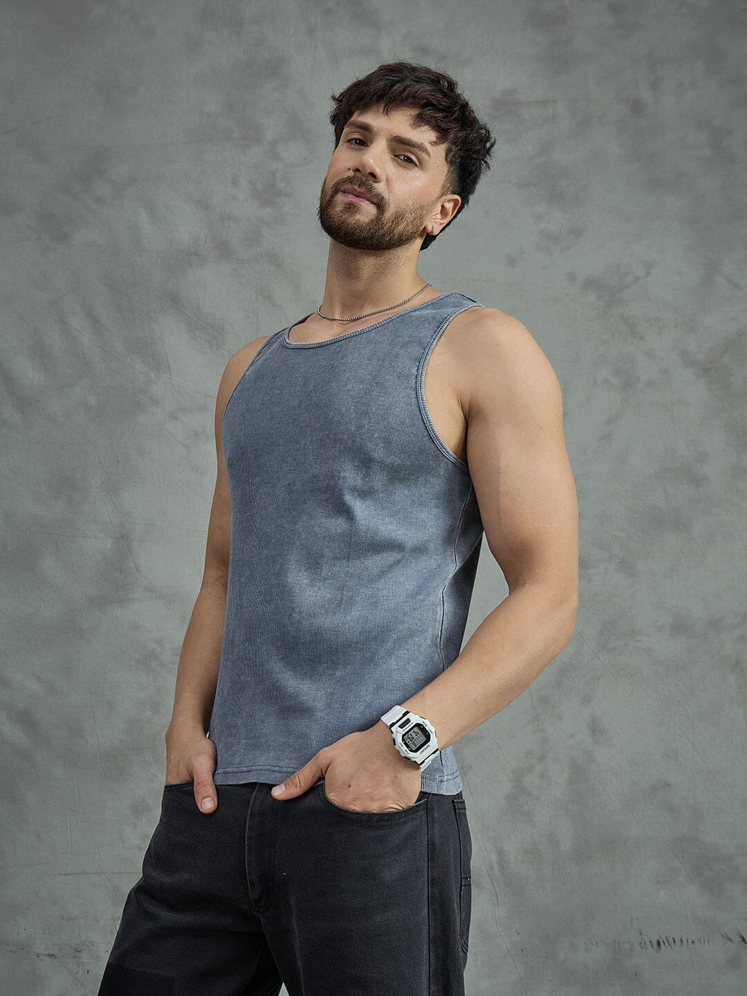 Cement Dyed Ribbed Muscle Fit Vest