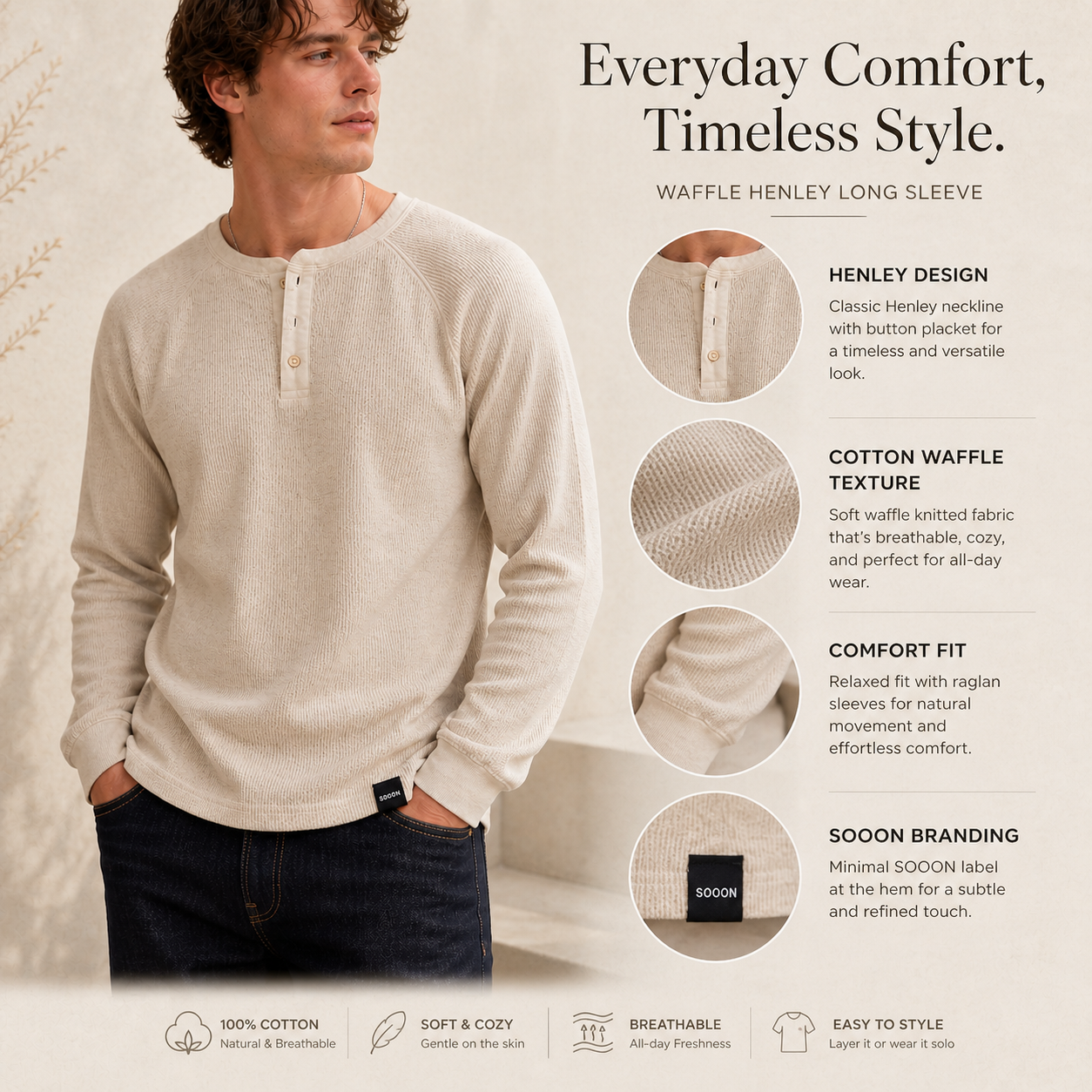 Sooon Relaxed Fit Waffle Henley Tee