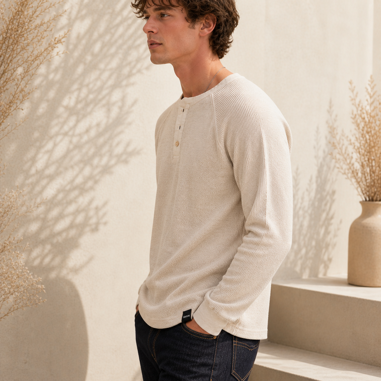 Sooon Relaxed Fit Waffle Henley Tee