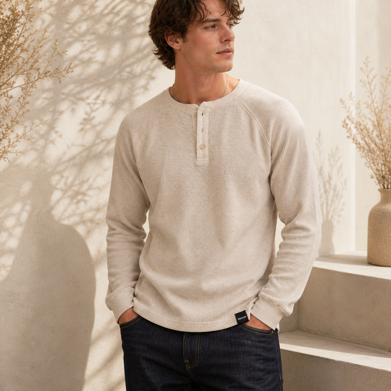 Sooon Relaxed Fit Waffle Henley Tee