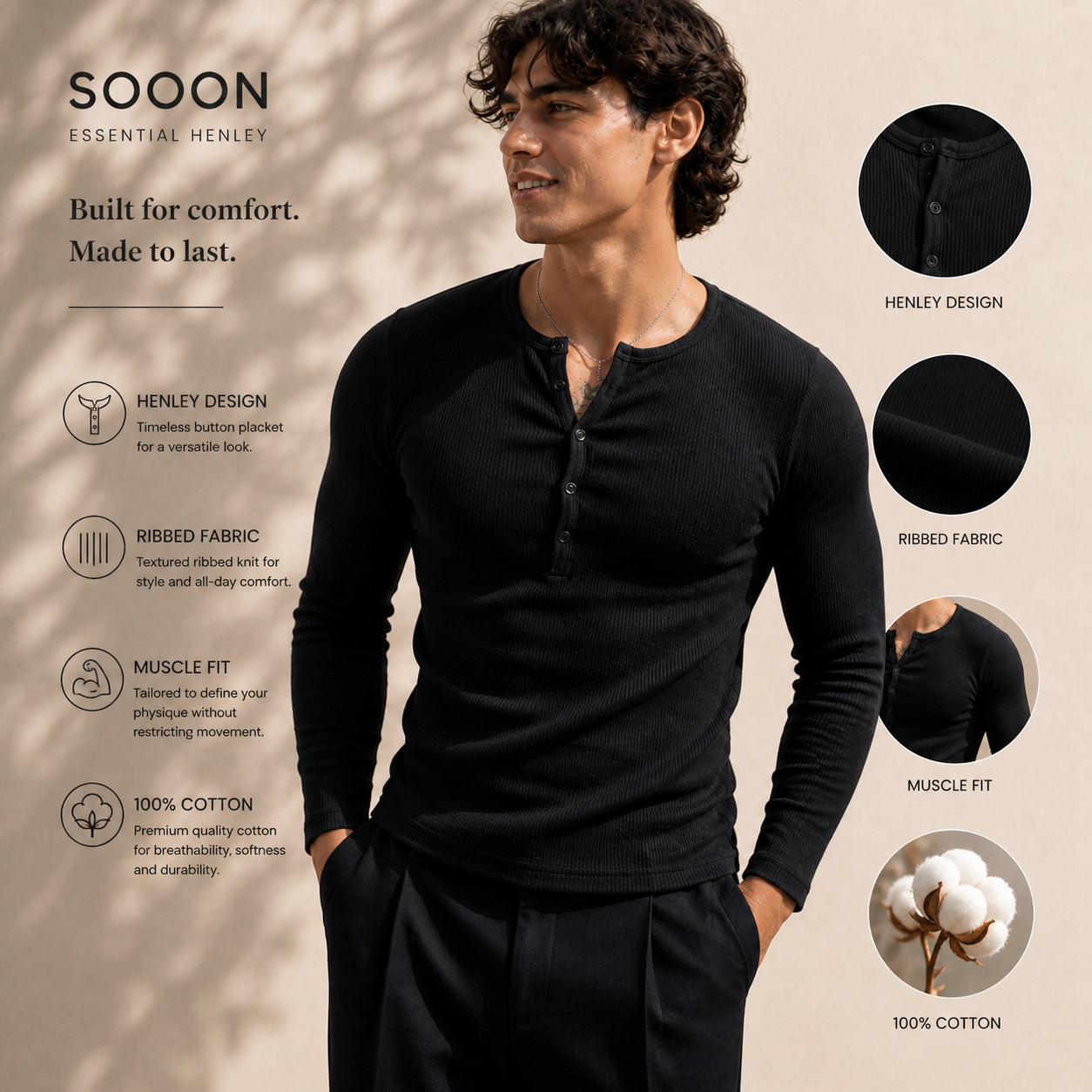 Muscle Fit Ribbed Henley Tee