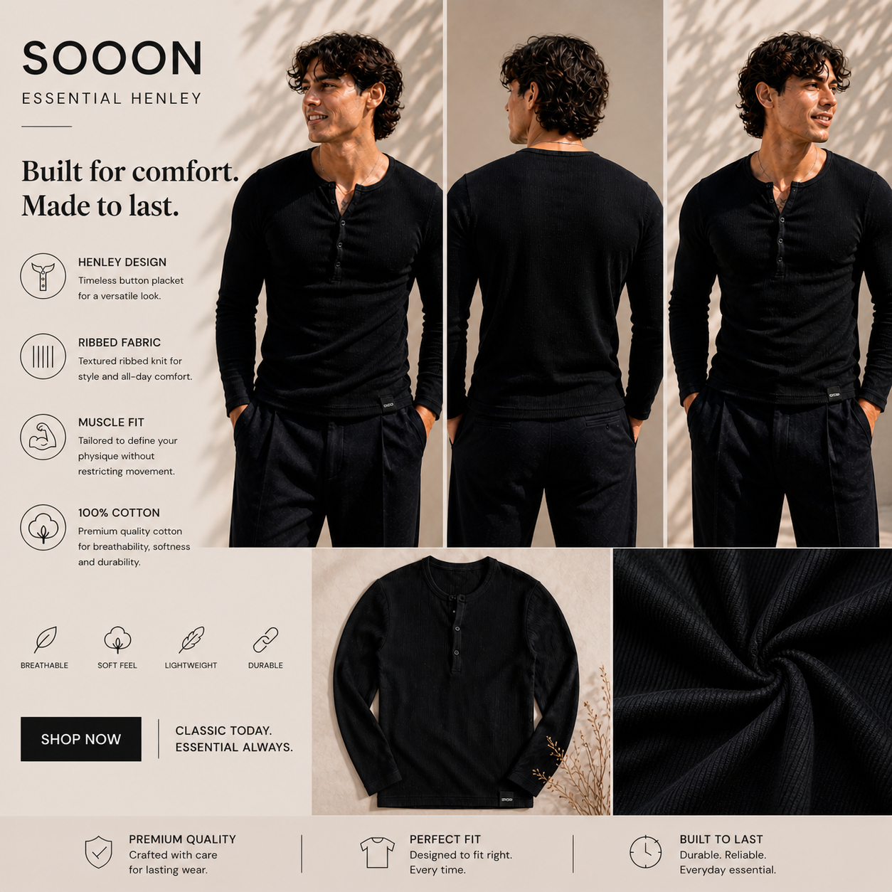 Muscle Fit Ribbed Henley Tee